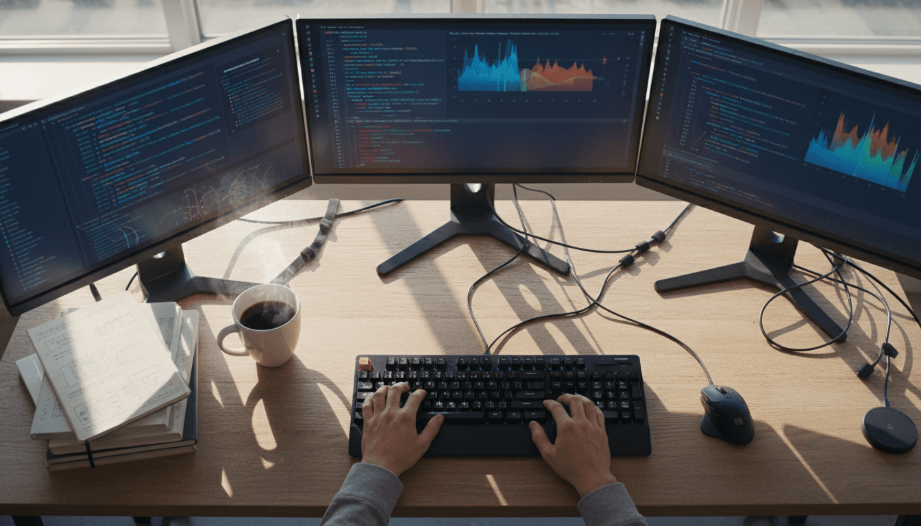 Software engineer workspace with code on monitors and keyboard in focused overhead shot