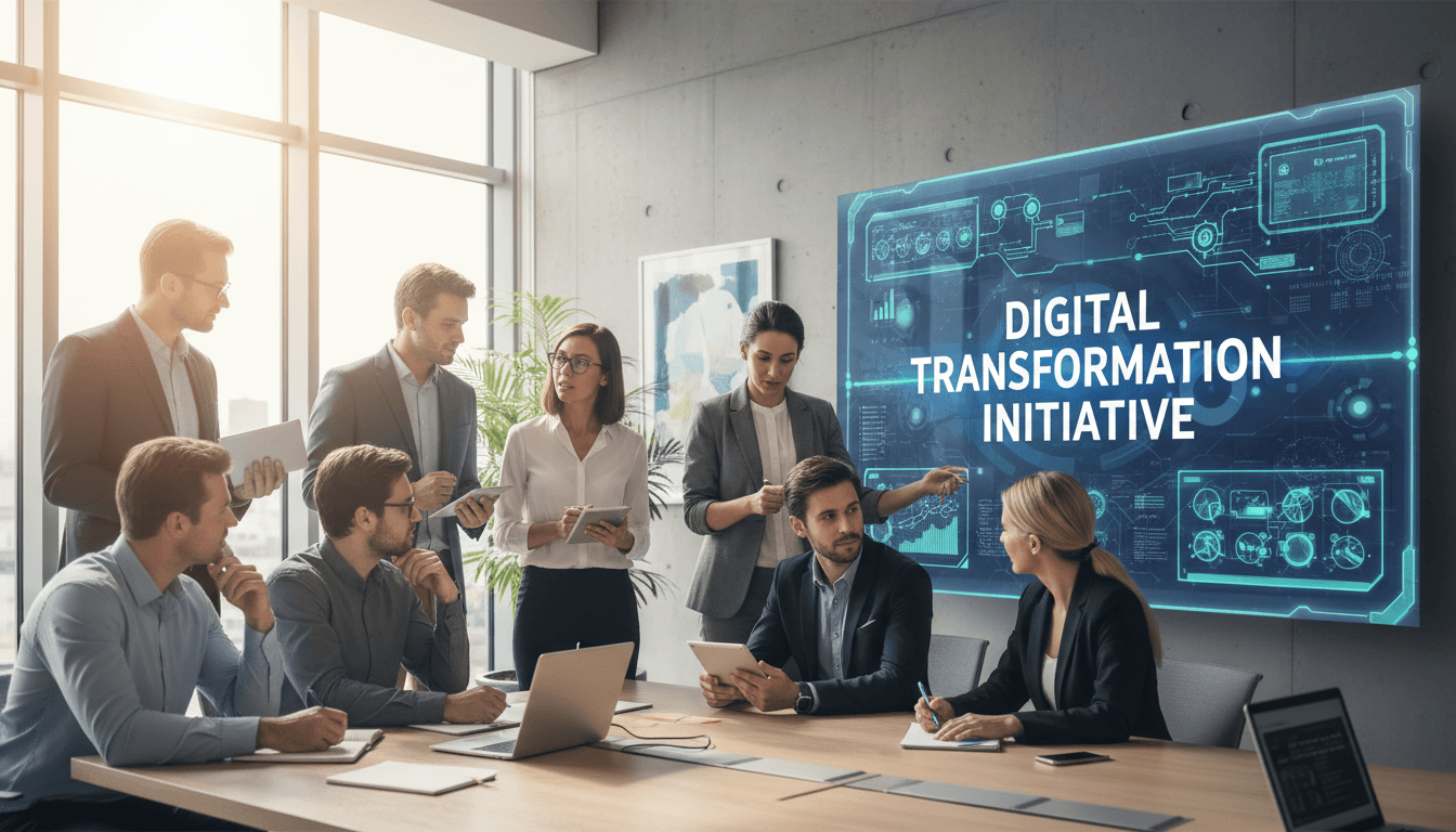 Diverse team collaborating in a high-tech conference room on digital solutions
