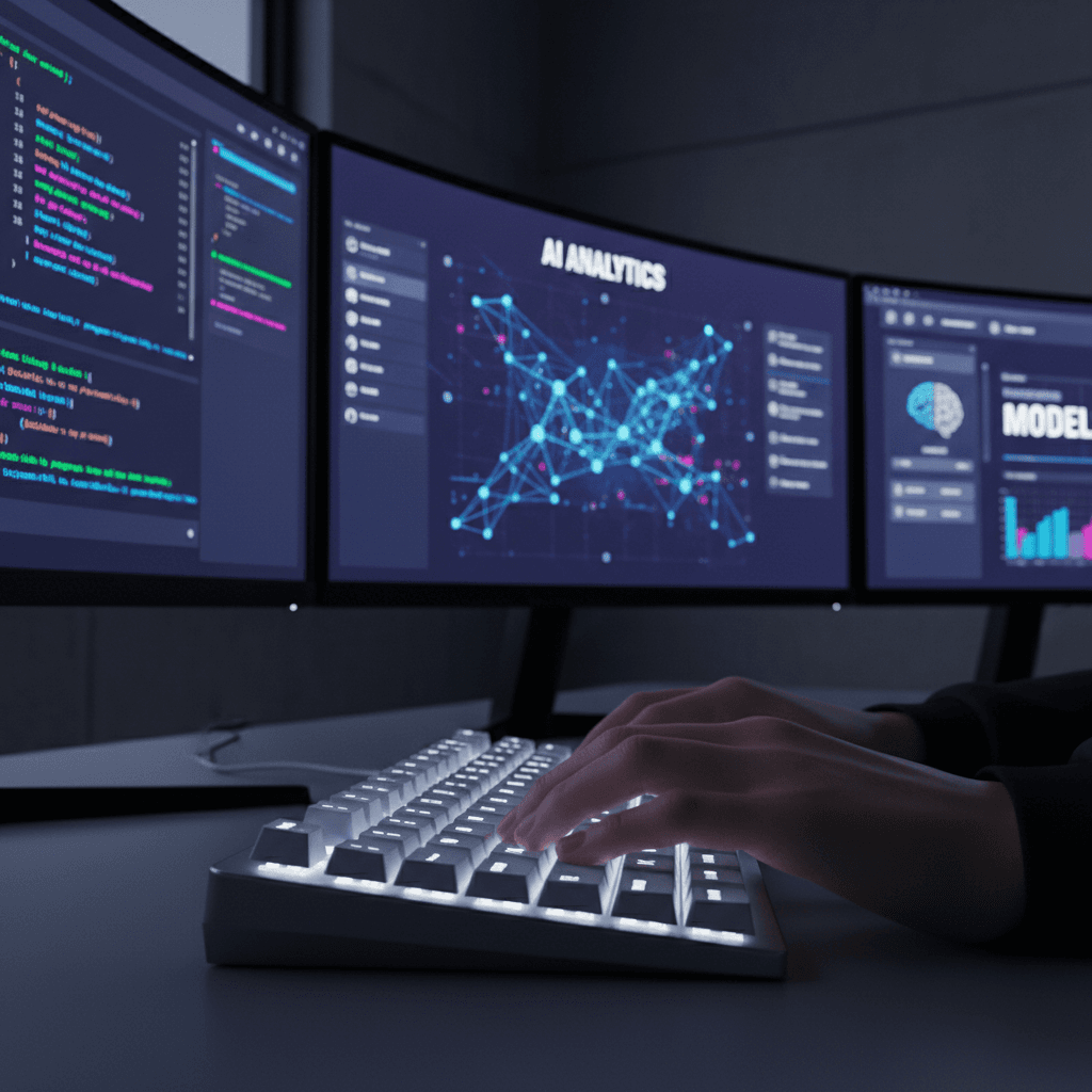 Software engineer working on AI-powered website development dashboard at modern London office
