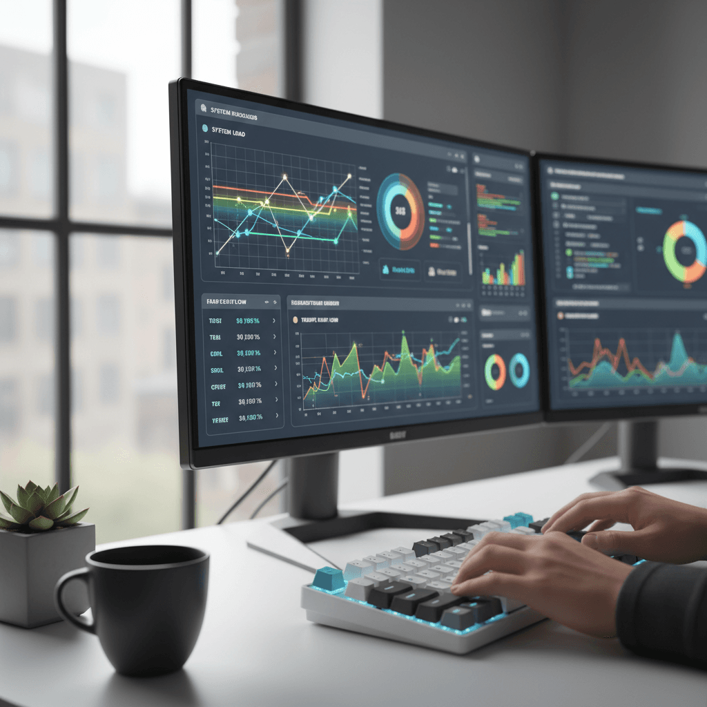 Developer working on AI-powered website interface with multiple monitors showing analytics and design systems