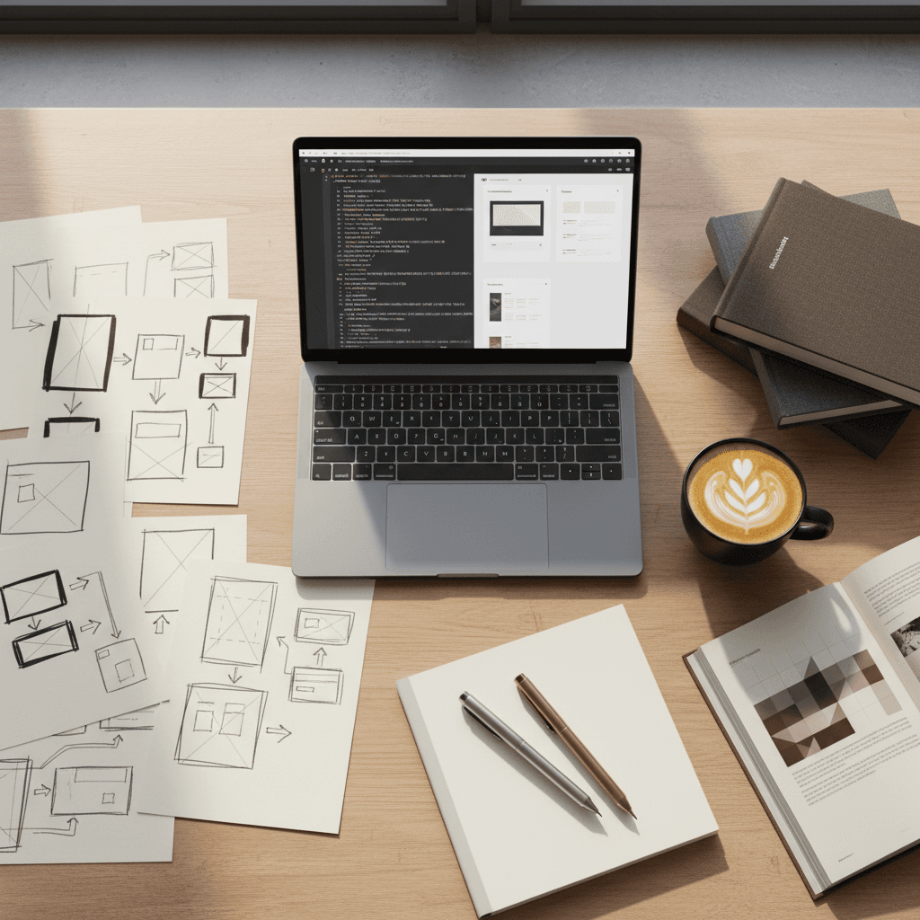 Design sketches and UI mockups on creative workspace