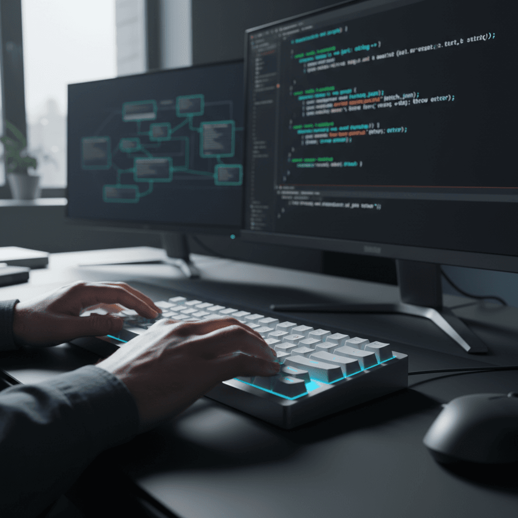 Developer coding AI website with modern infrastructure